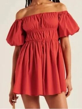 Abercrombie & Fitch Red Off-Shoulder Mini Dress with Puff Sleeves